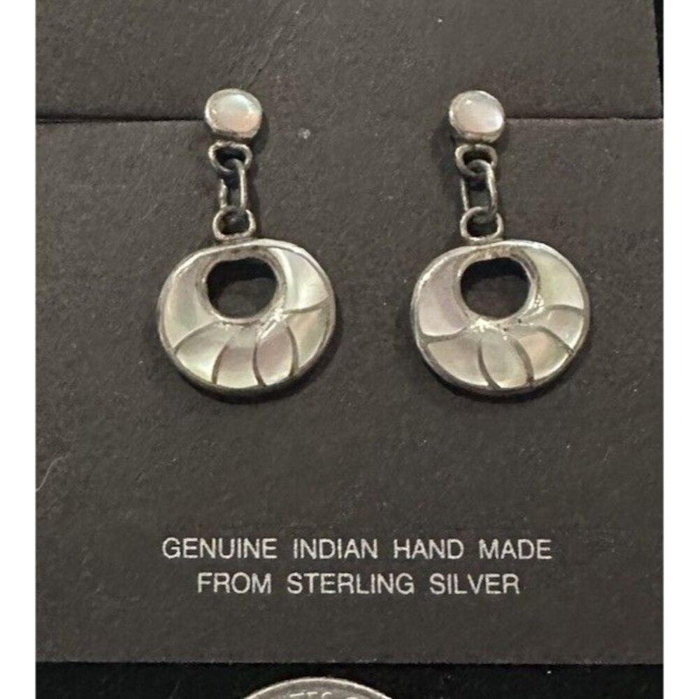 Vintage Zuni Signed Francis Leekia Sterling Silver Earrings MOP Inlay Dangle